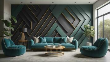ai generato interno di moderno vivente camera con grigio e verde muri, piastrelle pavimento, confortevole blu divano e caffè tavolo. generativo ai foto