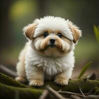 ai generato carino lhasa apso cucciolo seduta su un' albero tronco. generativo ai foto