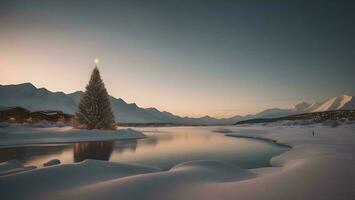 ai generato bellissimo inverno paesaggio con un' Natale albero nel il mezzo di il lago. generativo ai foto