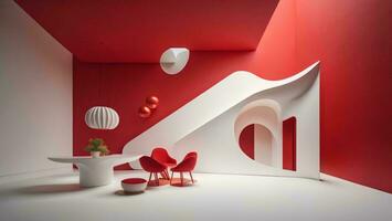 ai generato interno di moderno vivente camera con rosso muri e bianca pavimento, generativo ai foto