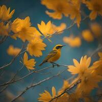 ai generato bellissimo giallo fiori nel il giardino con un' uccello seduta su un' ramo. generativo ai foto