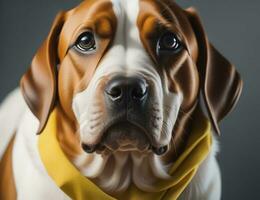 ai generato ritratto di un' beagle cane con giallo sciarpa su grigio sfondo. generativo ai foto