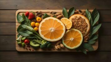 ai generato frutta e verdure su un' di legno sfondo. salutare cibo concetto. generativo ai foto