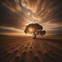 ai generato solitario albero nel il deserto a tramonto, generativo ai foto