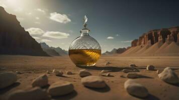 ai generato un' bottiglia di olio nel il deserto. generativo ai foto
