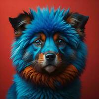 ai generato ritratto di un' soffice cane con blu pelliccia su un' rosso sfondo. generativo ai foto