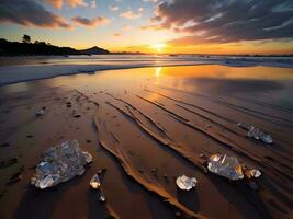 ai generato tramonto su il spiaggia con ghiaccio nel il primo piano e bellissimo cielo. generativo ai foto