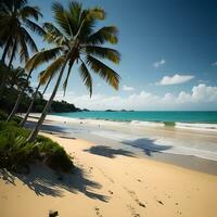 ai generato tropicale spiaggia con Noce di cocco palma alberi e turchese acqua. generativo ai foto