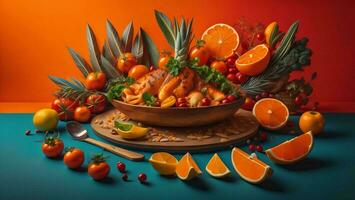 ai generato frutta e verdure su un' blu e arancia sfondo. salutare cibo concetto. generativo ai foto