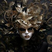 ai generato donna nel un' d'oro maschera con foglie ai artificiale intelligenza tecnologia concetto foto