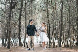 romantico coppia a piedi insieme nel il parco, sorridente Tenere ogni altri mani foto