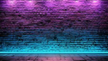 ai generato moderno futuristico neon luci su vecchio grunge mattone parete camera sfondo. 3d interpretazione foto