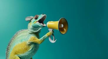 ai generato camaleonte annunciando utilizzando megafono. notifica, avvertimento, annuncio. foto