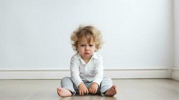 ai generato triste e pianto bambino con mentale trauma seduta su pavimento. foto