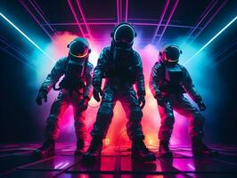 ai generato futuristico astronauti o astronauti con colorato neon leggero foto