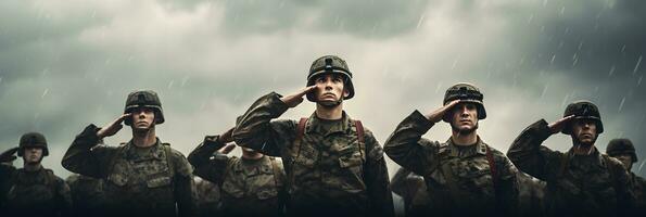 ai generato ritratto di un' gruppo di soldati nel il pioggia salutando foto