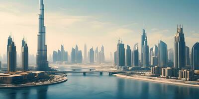 ai generato dubai marina con grattacieli e blu cielo foto