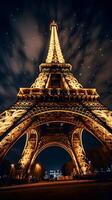 ai generato eiffel Torre a notte nel Parigi, Francia foto