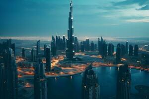 ai generato aereo Visualizza di dubai centro a tramonto, unito arabo Emirates foto