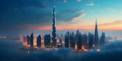 ai generato aereo Visualizza aereo Visualizza di dubai città orizzonte a notte, unito arabo Emirates foto