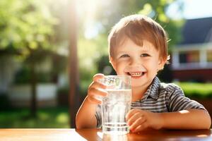 ai generato un' bello sorridente ragazzo bevande acqua a partire dal un' bicchiere mentre seduta a un' tavolo nel natura nel il villaggio foto