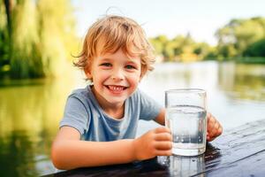 ai generato carino bambino bevande acqua a partire dal un' bicchiere nel natura contro il sfondo di un' fiume nel il villaggio foto