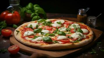 ai generato fresco succoso Pizza con Mozzarella formaggio, pomodori, e basilico erbe aromatiche su un' nero sfondo foto