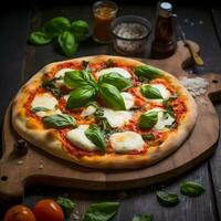 ai generato fresco succoso Pizza con Mozzarella formaggio, pomodori, e basilico erbe aromatiche su un' nero sfondo foto