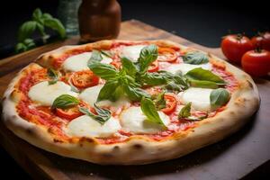 ai generato fresco succoso Pizza con Mozzarella formaggio, pomodori, e basilico erbe aromatiche su un' nero sfondo foto