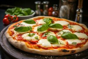 ai generato fresco succoso Pizza con Mozzarella formaggio, pomodori, e basilico erbe aromatiche su un' nero sfondo foto