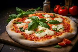 ai generato fresco succoso Pizza con Mozzarella formaggio, pomodori, e basilico erbe aromatiche su un' nero sfondo foto