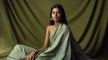 ai generato elegante donna nel un' verde saree foto