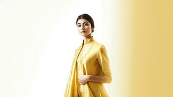 ai generato femmina modello indossare giallo oro cappotto foto