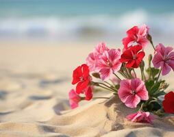 ai generato fiori su spiaggia foto