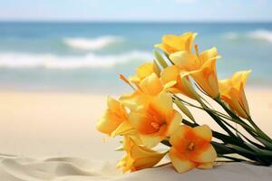 ai generato fiori su spiaggia foto