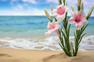 ai generato fiori su spiaggia foto