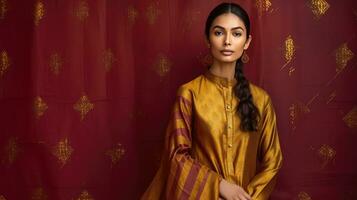 ai generato elegante indiano donna nel tradizionale abbigliamento foto