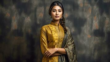 ai generato bellissimo indiano donna nel ricco d'oro capi di abbigliamento foto