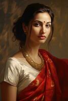 ai generato squisito indiano donna indossare tradizionale rosso e bianca saree foto