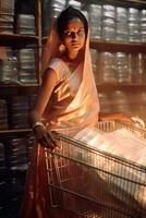 ai generato un' donna nel un' tradizionale indiano vestito sta Il prossimo per un' shopping carrello nel un' memorizzare pieno con in scatola merce. foto