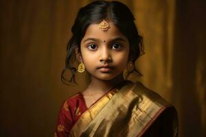 ai generato un' giovane indiano ragazza indossare tradizionale abbigliamento foto