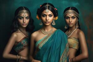 ai generato bellissimo indiano donne indossare tradizionale capi di abbigliamento e gioielleria foto