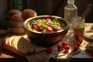 ai generato fresco giardino insalata con un' torcere foto