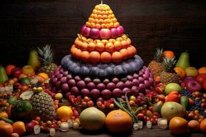 ai generato frutta Torre - artistico Schermo di frutta foto