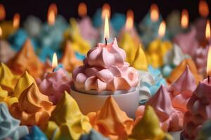 ai generato un' Torre di colori pastello marshmallows con un' illuminato candela foto
