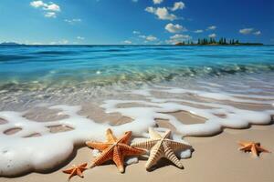 ai generato costiero beatitudine conchiglie e stella marina abbellire il idilliaco tropicale spiaggia scena foto