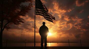 ai generato noi esercito rispetta nel davanti di un' nave con il americano bandiera nel silhouette paesaggio foto