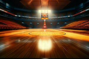 ai generato pallacanestro spettacolo grafico arte di sport arena, stadio Tribunale riflettore foto