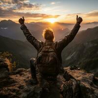 ai generato uomo Abbracciare una persona sera su montagna picco un' realistico Immagine di la gioia, generativo ai foto