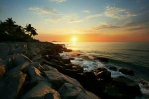 ai generato tramonto la tranquillità tropicale spiaggia ornato con un' sereno roccioso riva foto